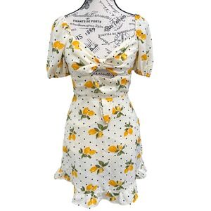 Lemon Print Mini Dress Sweetheart Neckline Ruffle Hem‎ Short Sleeve XS